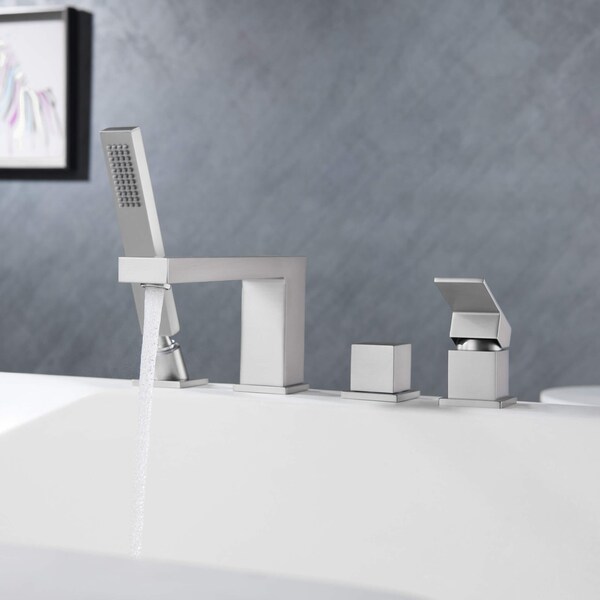 Cube Deck Mounted Bathtub Faucet With Hand Shower, Brushed Nickle